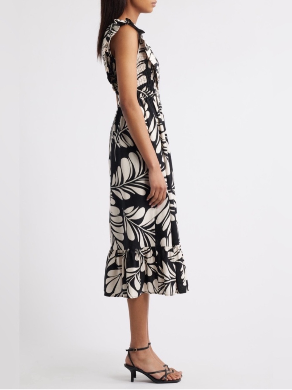Anne Klein Black‎ Ivory Tropical Leaf Print Ruffle Trim Midi Dress NWT Size 16 - Picture 3 of 10